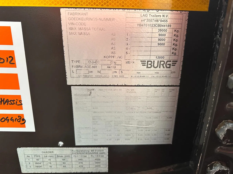 نصف مقطورة لنقل الحاويات Burg 20FT ADR (EX/II, EX/III, FL, AT), Leeggewicht: 3.690kg, SAF INTRADISC, 2x liftaxle, ALCOA, NL-Chassis: صورة 20