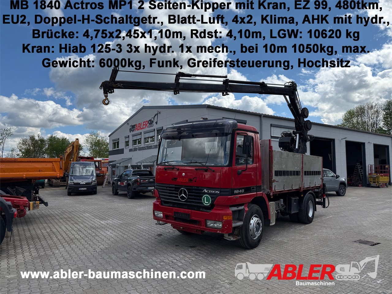 Mercedes-Benz 1840 Actros 2-Seiten-Kipper mit Kran Hiab 125-3 mit Funk - شاحنات مسطحة, شاحنة كرين: صورة 1 Mercedes-Benz 1840 Actros 2-Seiten-Kipper mit Kran Hiab 125-3 mit Funk - شاحنات مسطحة, شاحنة كرين: صورة 1