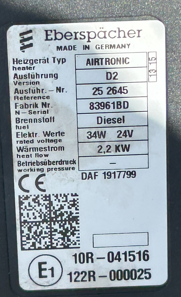 DAF CF EURO 6 WEBASTO AIRTRONIC D2 PARKING HEATER, 2.2 KW - تدفئة/ تهوية: صورة 2 DAF CF EURO 6 WEBASTO AIRTRONIC D2 PARKING HEATER, 2.2 KW - تدفئة/ تهوية: صورة 2