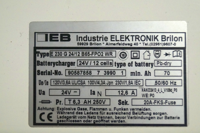 IEB 90587858 | IEB charger EFG 230 G 24/12 B65-FP02 WR 24V12,6A 220V 50/60Hz fro - بطارية - معدات المناولة: صورة 2 IEB 90587858 | IEB charger EFG 230 G 24/12 B65-FP02 WR 24V12,6A 220V 50/60Hz fro - بطارية - معدات المناولة: صورة 2