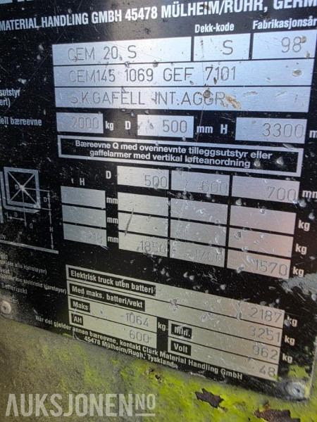 1998 Clark CEM 20 S Truck - MVA-FRI - INGEN MINSTEPRIS - معدات المناولة: صورة 5 1998 Clark CEM 20 S Truck - MVA-FRI - INGEN MINSTEPRIS - معدات المناولة: صورة 5