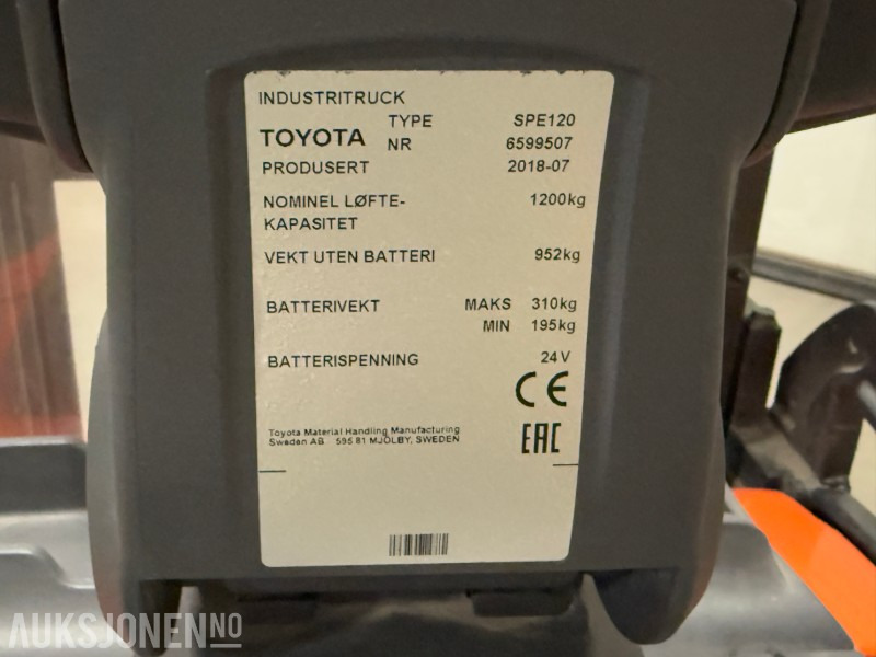 2018 Toyota - Pallestabler - SPE 120 1200 KG Pallestabler - معدات المناولة: صورة 5 2018 Toyota - Pallestabler - SPE 120 1200 KG Pallestabler - معدات المناولة: صورة 5