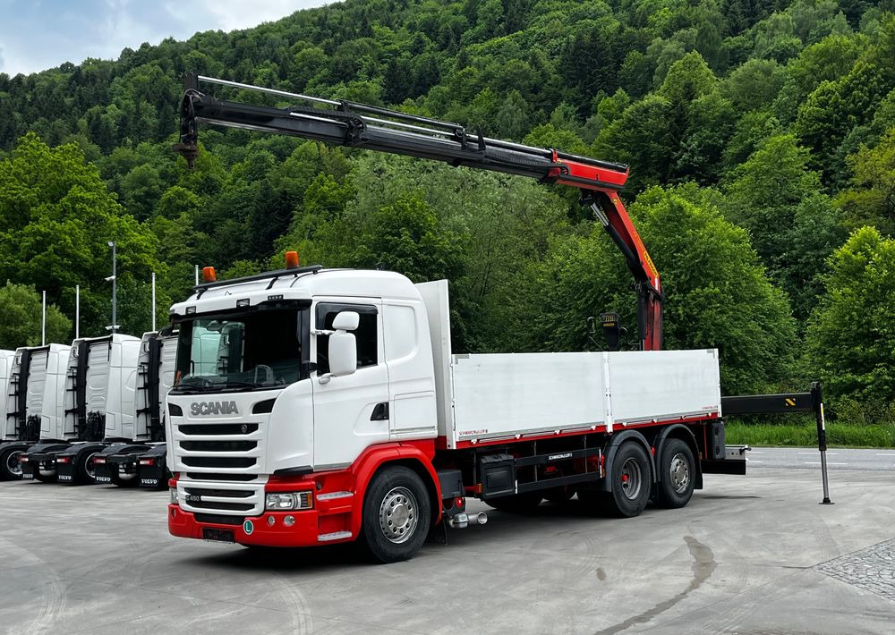 Scania G450 // 6x2// Skrzynia 6.40x2.49 // HDS Palfinger // Oś skrętna podnoszona // - شاحنات مسطحة, شاحنة كرين: صورة 1 Scania G450 // 6x2// Skrzynia 6.40x2.49 // HDS Palfinger // Oś skrętna podnoszona // - شاحنات مسطحة, شاحنة كرين: صورة 1