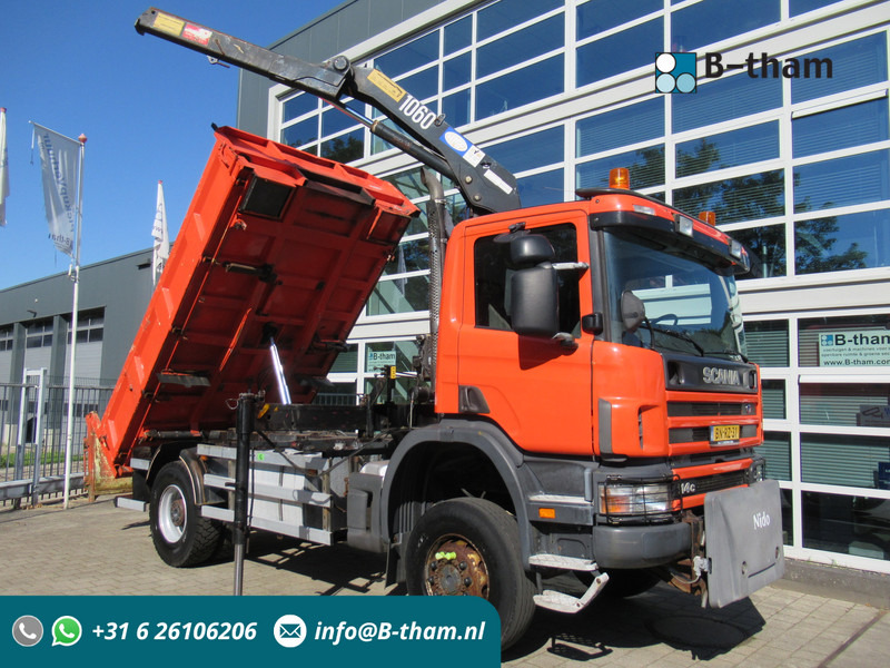 Scania P 114 CB 4x4 HZ 340 3-W. Tipper - 3-S. Kipper + HMF 1063 Crane Kran - شاحنة قلاب, شاحنة كرين: صورة 1 Scania P 114 CB 4x4 HZ 340 3-W. Tipper - 3-S. Kipper + HMF 1063 Crane Kran - شاحنة قلاب, شاحنة كرين: صورة 1