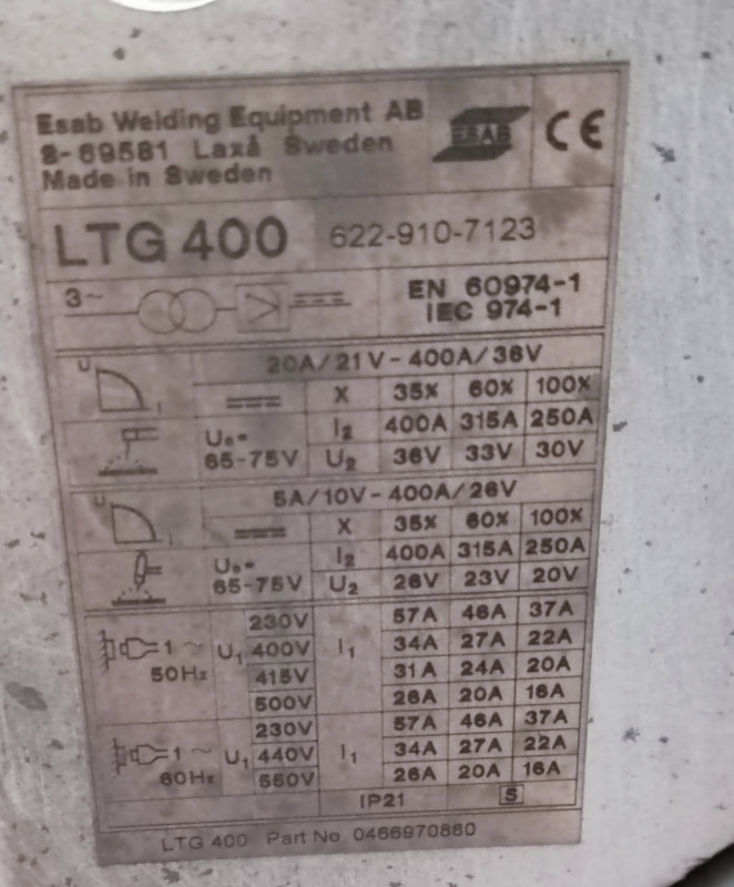 ESAB Power Tig 400 DC LTG 400 - معدات لحام: صورة 2 ESAB Power Tig 400 DC LTG 400 - معدات لحام: صورة 2