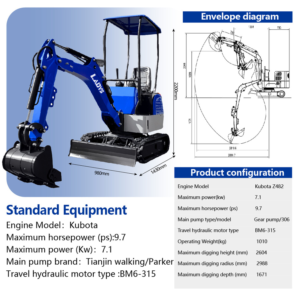 LADYS DY12Pro Mini Excavator Kubota Engine Euro 5/EPA/CE Mini Excavator Digger Miniexcavadora Mini Excavator For Sale - حفار زحاف: صورة 2 LADYS DY12Pro Mini Excavator Kubota Engine Euro 5/EPA/CE Mini Excavator Digger Miniexcavadora Mini Excavator For Sale - حفار زحاف: صورة 2