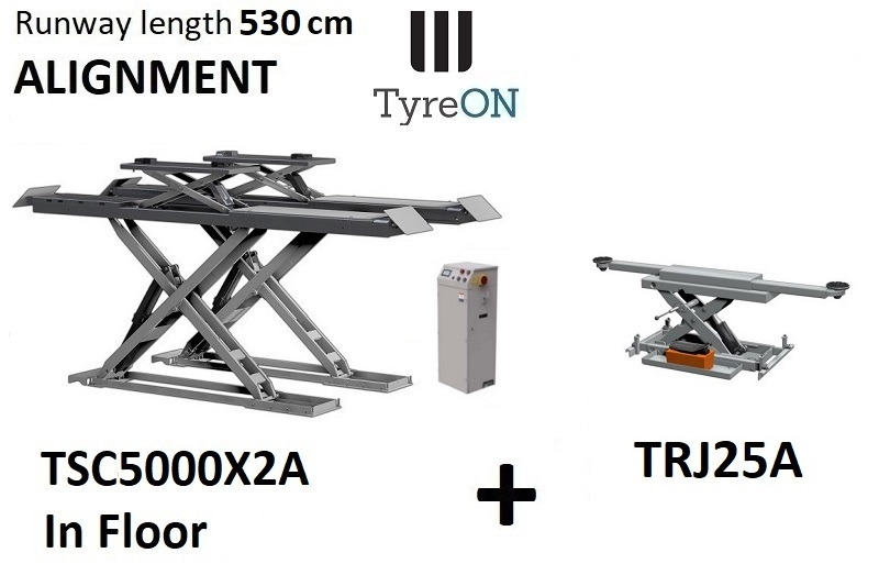 TSC5000X2A in floor alignment scissor lift 5000kg 5300mm + TRJ25A 2,5T air hydraulic axle jack - معدات الورش: صورة 1 TSC5000X2A in floor alignment scissor lift 5000kg 5300mm + TRJ25A 2,5T air hydraulic axle jack - معدات الورش: صورة 1