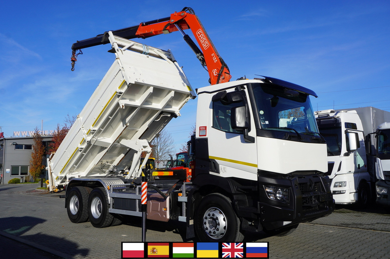 RENAULT C380 E6 6×4 / HDS Fassi F135 2700 MTH / Range 8 m / 5.6 t lifting capacity / 3-side tipper / Bortmatic - شاحنة قلاب, شاحنة كرين: صورة 1 RENAULT C380 E6 6×4 / HDS Fassi F135 2700 MTH / Range 8 m / 5.6 t lifting capacity / 3-side tipper / Bortmatic - شاحنة قلاب, شاحنة كرين: صورة 1