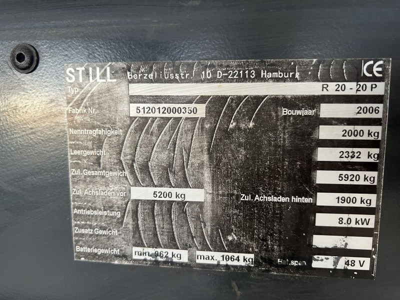 رافعة شوكية كهربائية Still R20-20P Heftruck Still R20-20P Duplo 340 freelift/sideshift elektrisch 2006 Accu 2014: صورة 17