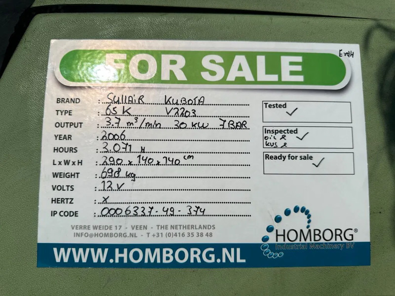 الضاغط Kubota V2203 Sullair K65 Mobiele Diesel Compressor 3.7 m3 / min 30 kW 7 Bar: صورة 15 الضاغط Kubota V2203 Sullair K65 Mobiele Diesel Compressor 3.7 m3 / min 30 kW 7 Bar: صورة 15