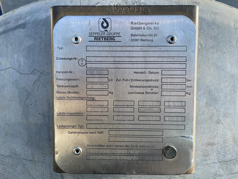 Dieseltank Rietberg 1000 liter Dieseltank Gegalvaniseerd IBC met keuring ! - خزان تخزين: صورة 3 Dieseltank Rietberg 1000 liter Dieseltank Gegalvaniseerd IBC met keuring ! - خزان تخزين: صورة 3