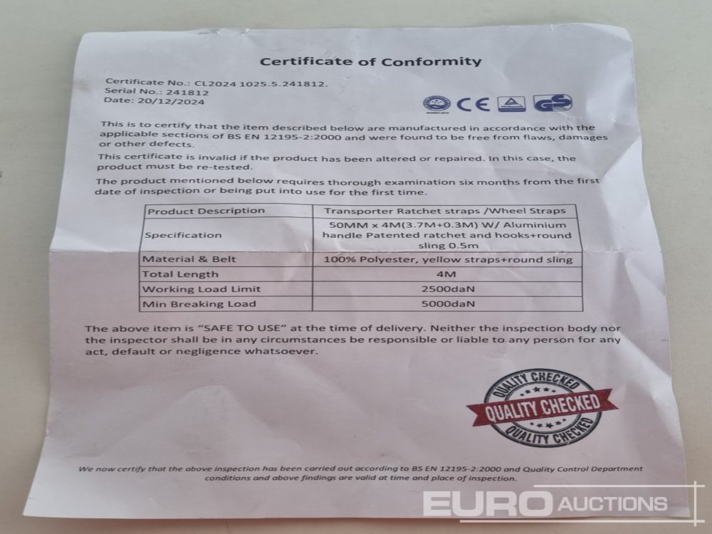 معدات البناء Unused Boss 4M x 50mm 5 Ton Ratchet Straps with Sling (4 of): صورة 29